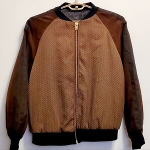 Brown Ultra Suede and Herringbone Bomber Jacket. XL/2XL
